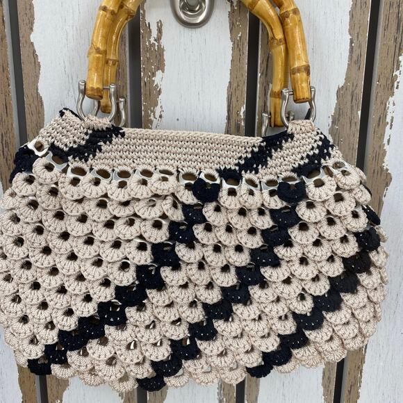 Handmade Crocheted Aluminum Soda Pop Top Bamboo Handles Purse Handbag Tan Black - Picture 6 of 12